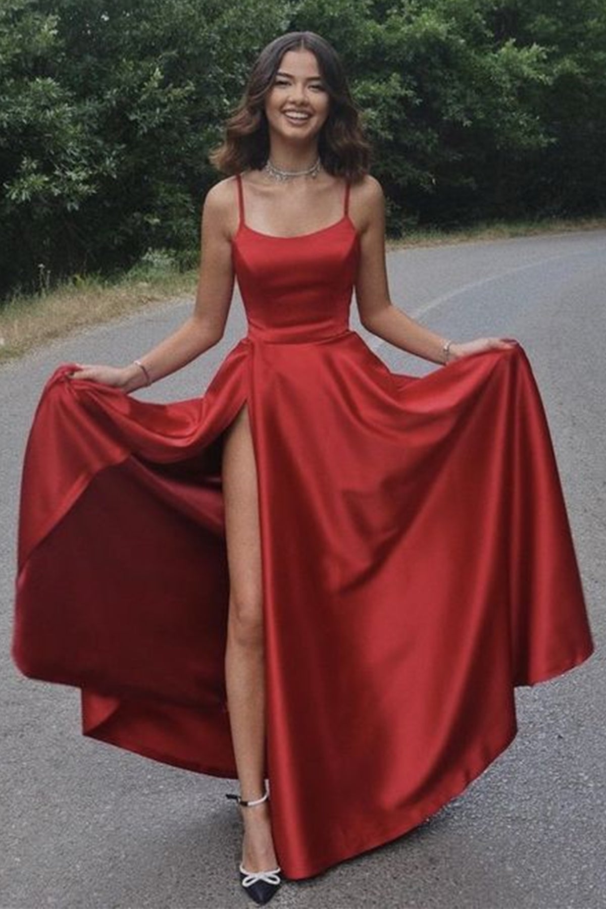 Unthony - Simple Red Satin A Line Long Prom Dresses with High Slit