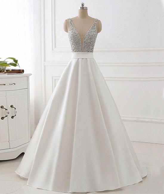 Unthony - V Neck Backless White Prom Dress With Beads