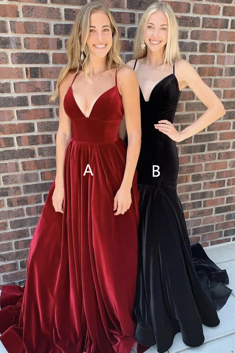 Unthony - V Neck Burgundy Velvet Long Prom Dress