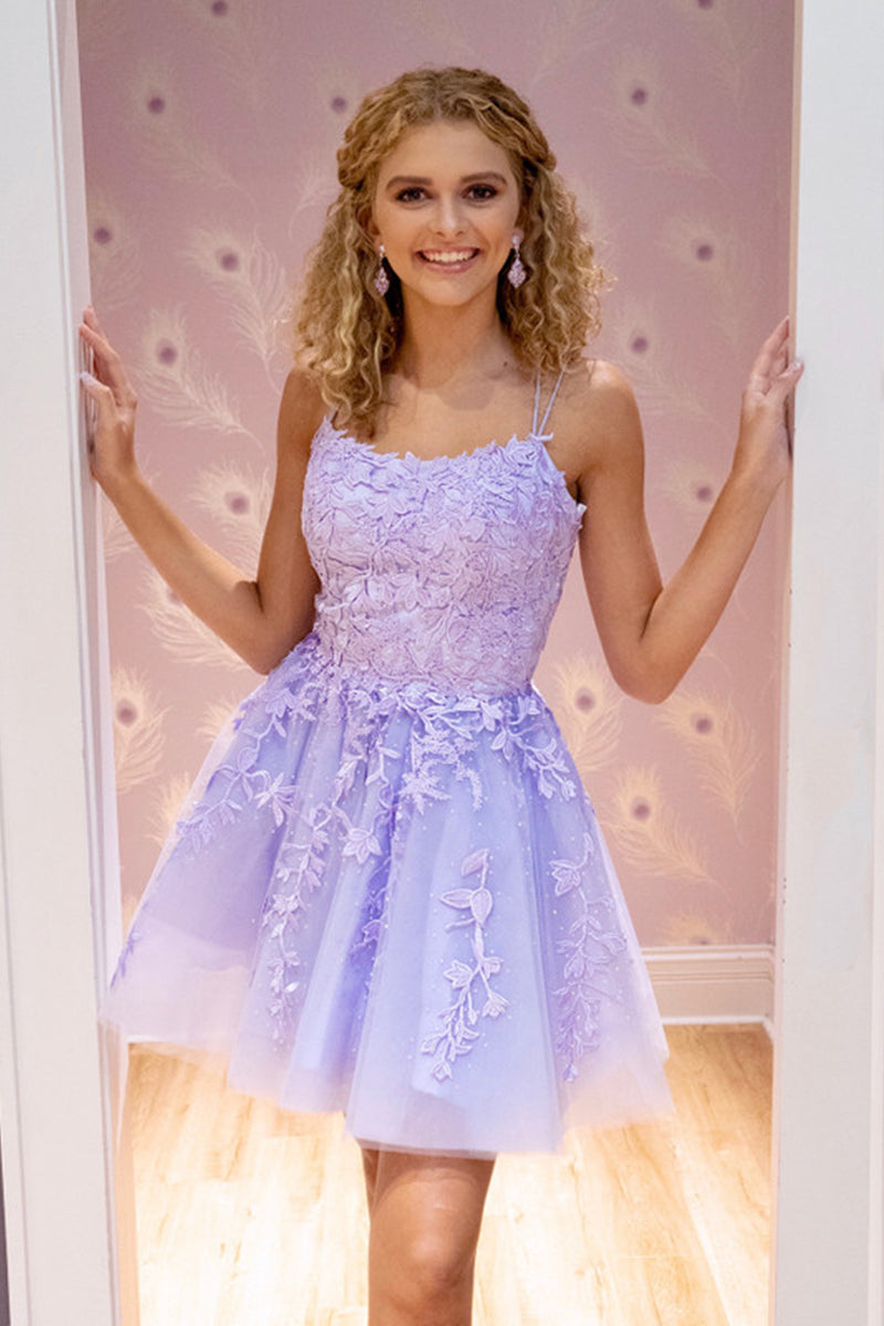 Unthony - Cute Short Purple Lace Prom Dress