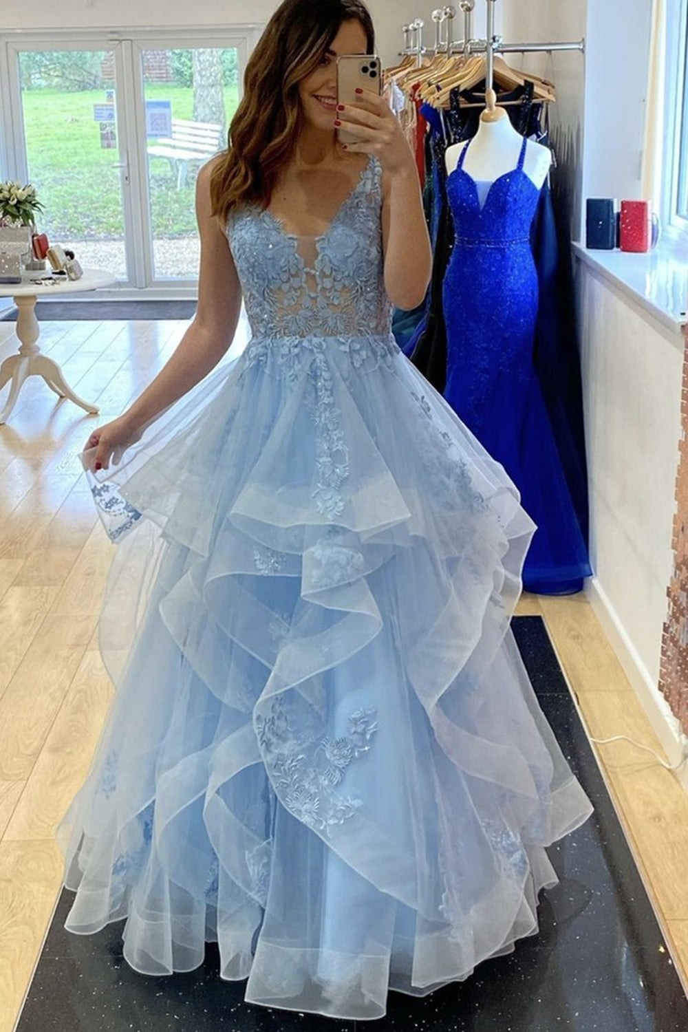 Unthony - V Neck Fluffy Blue Lace Long Prom Dress