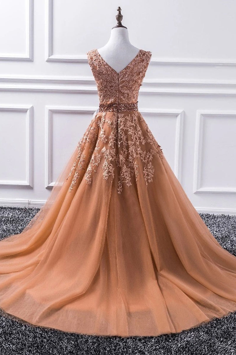 Unthony - Gorgeous V Neck Champagne Lace Long Prom Dress