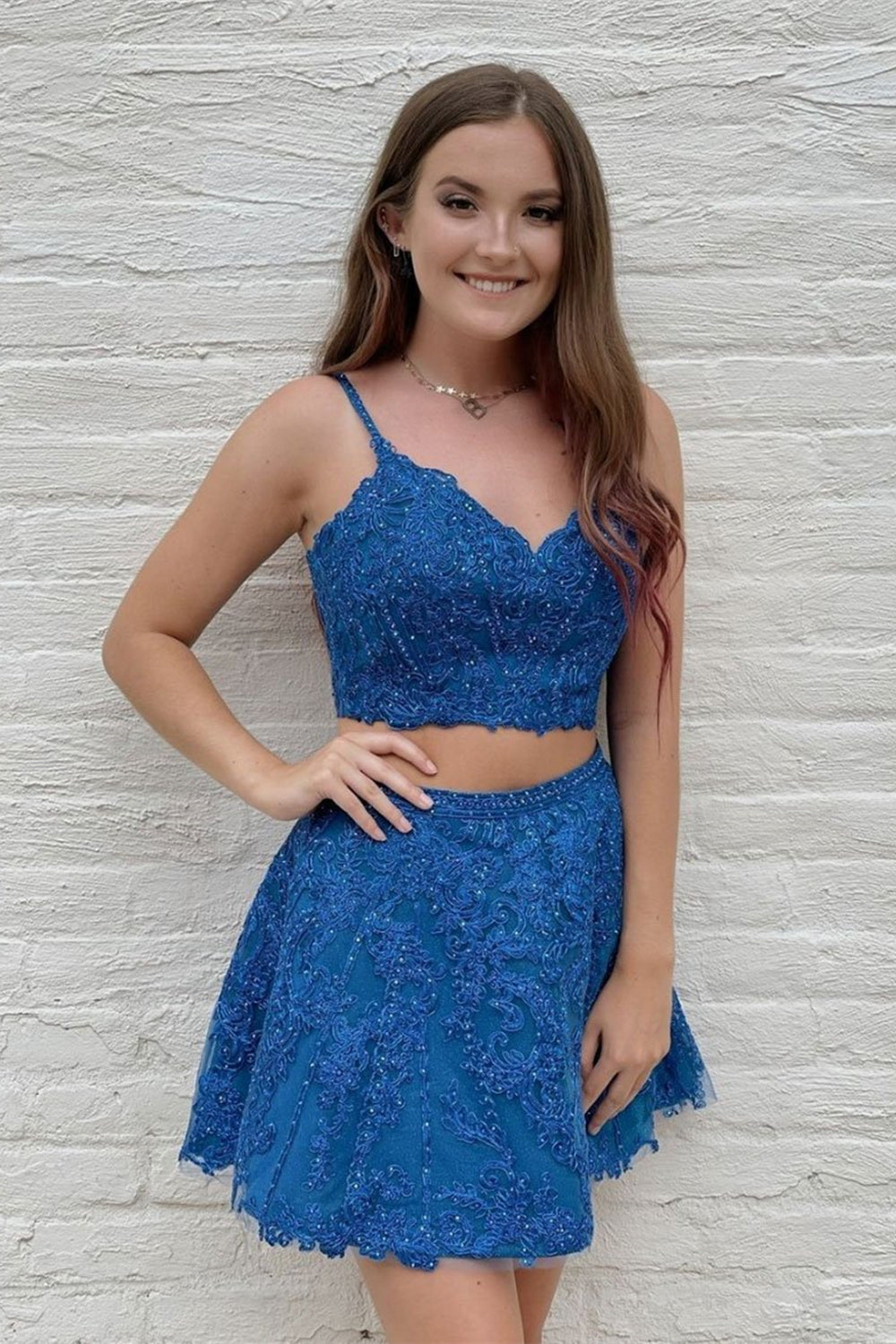 Unthony - V Neck Two Pieces Beaded Blue Lace Short Prom Dress