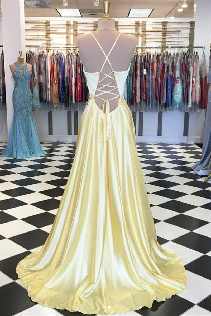 Unthony - A Line V Neck Backless Yellow Satin Long Prom Dresses