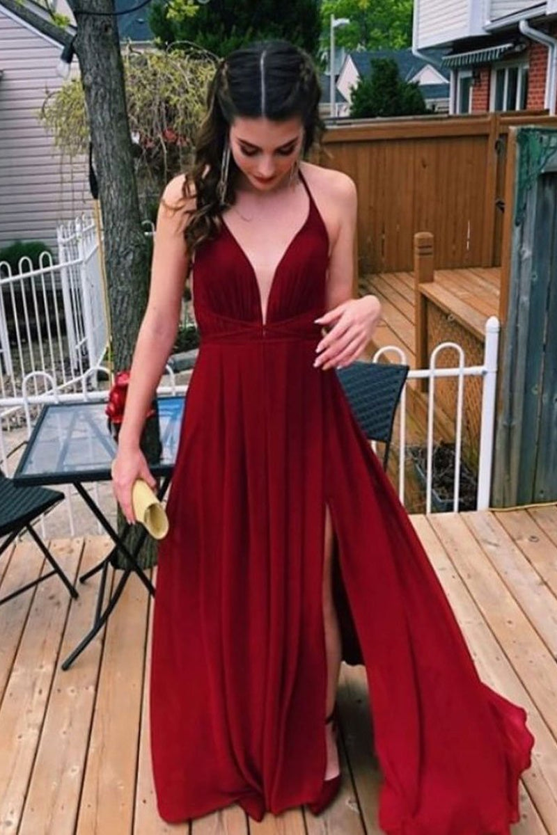 Unthony - Simple V Neck Burgundy Chiffon Long Prom Dress with Slit