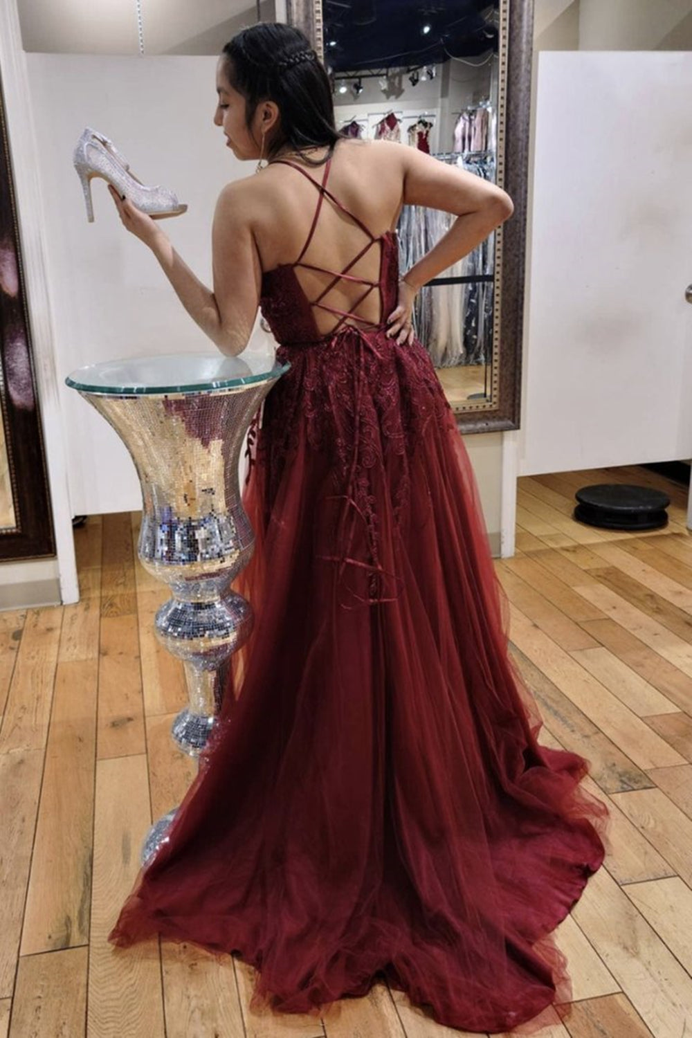 Unthony - A Line V Neck Burgundy Lace Long Prom Dress