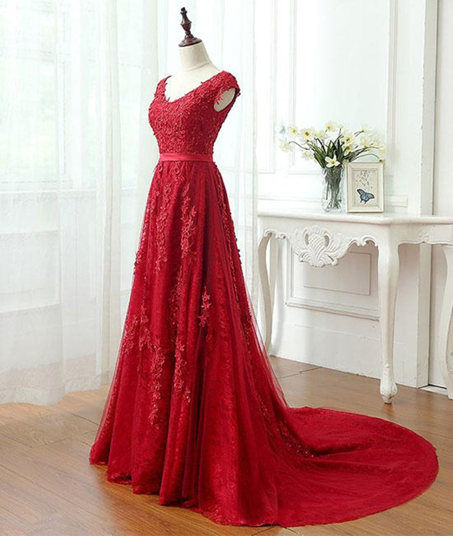 Unthony - A Line Cap Sleeves Burgundy Lace Long Prom Dress with Appliques