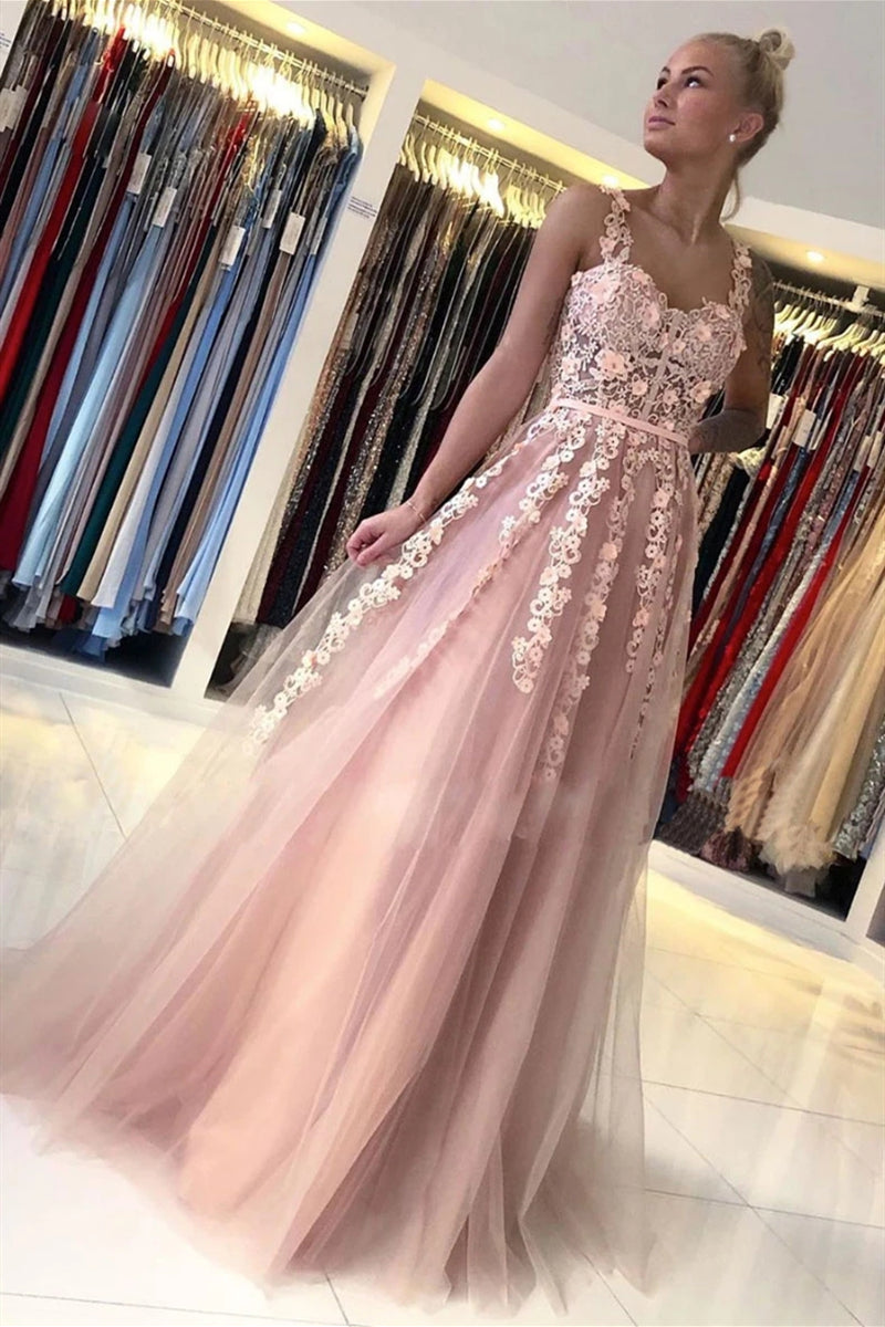 Unthony - Elegant Backless Long Pink Lace Floral Prom Dress