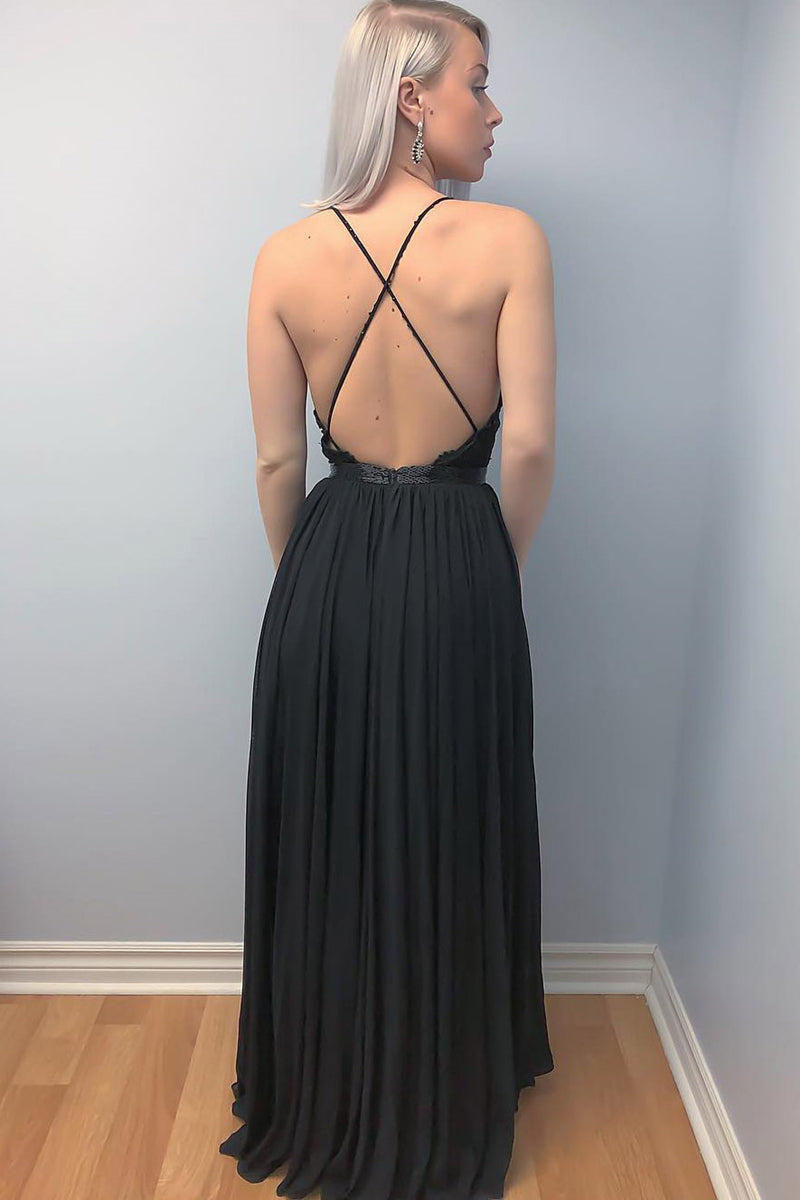 Unthony - A Line V Neck Backless Lace Black Long Prom Dress with Leg Slit