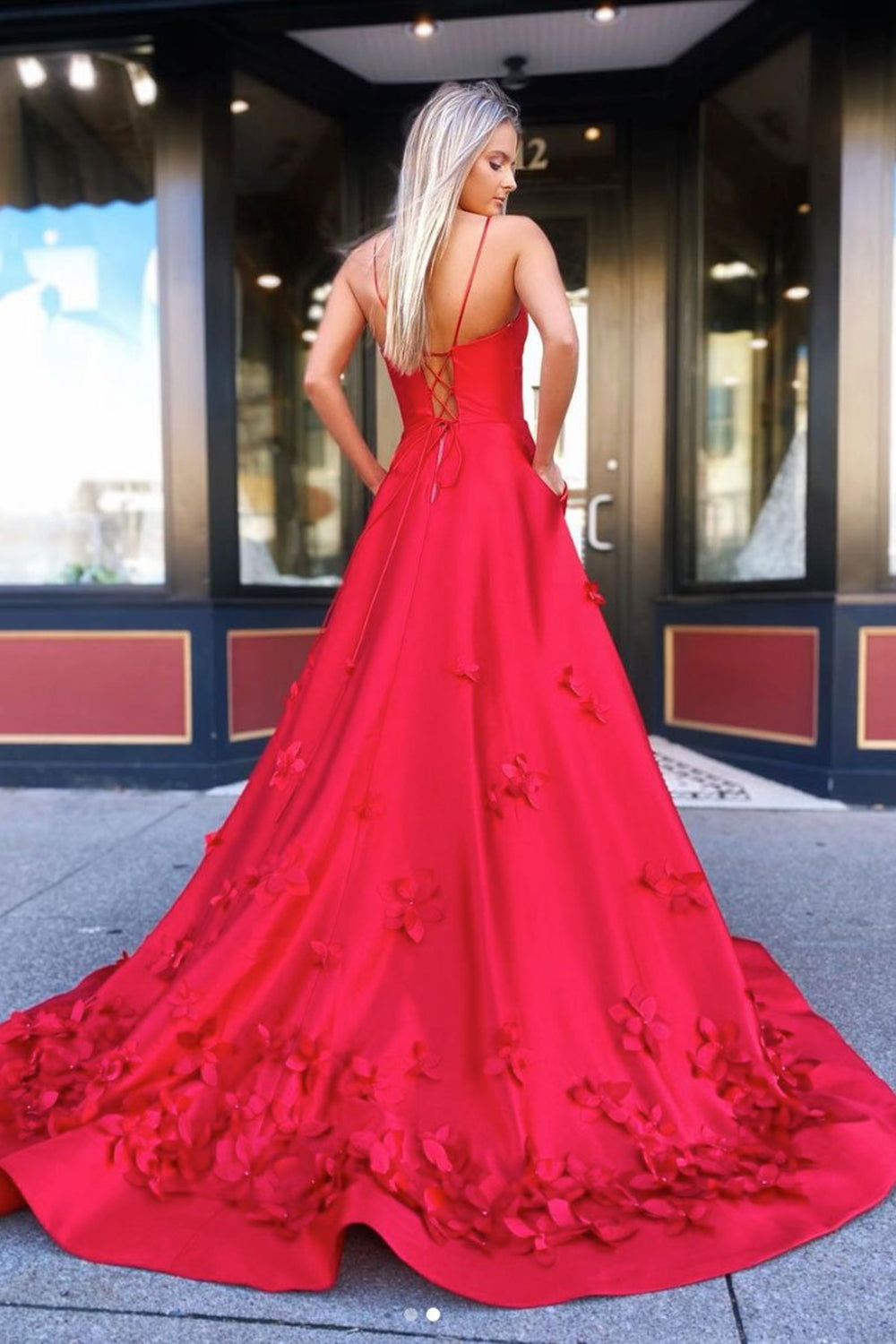 Unthony - A Line V Neck Red Satin Floral Long Prom Dress