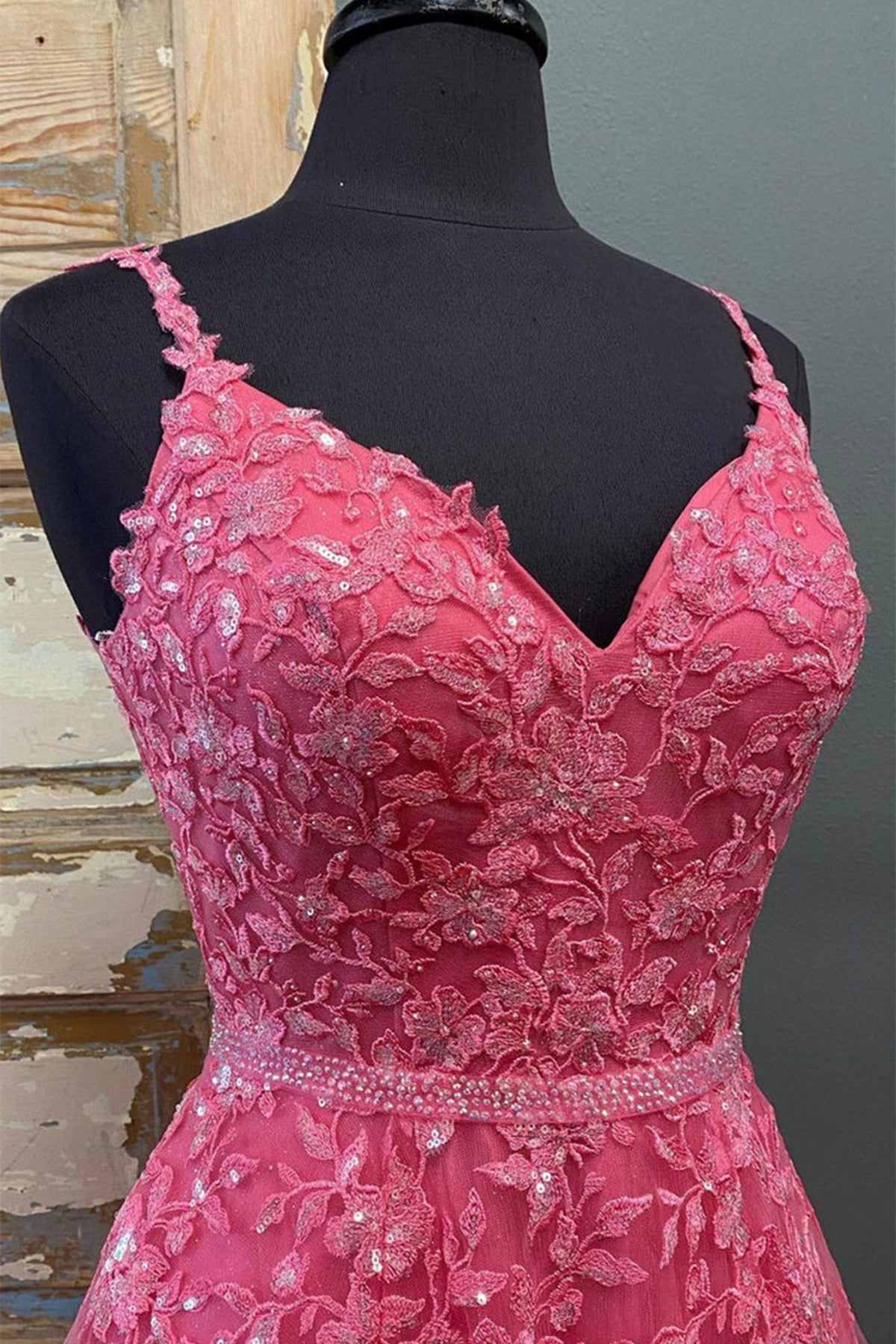 Unthony - A Line V Neck Beaded Hot Pink Lace Long Prom Dress