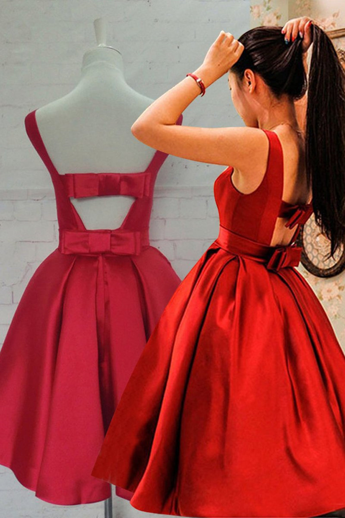 Unthony - Cute Open Back Knee Length Red Prom Dress