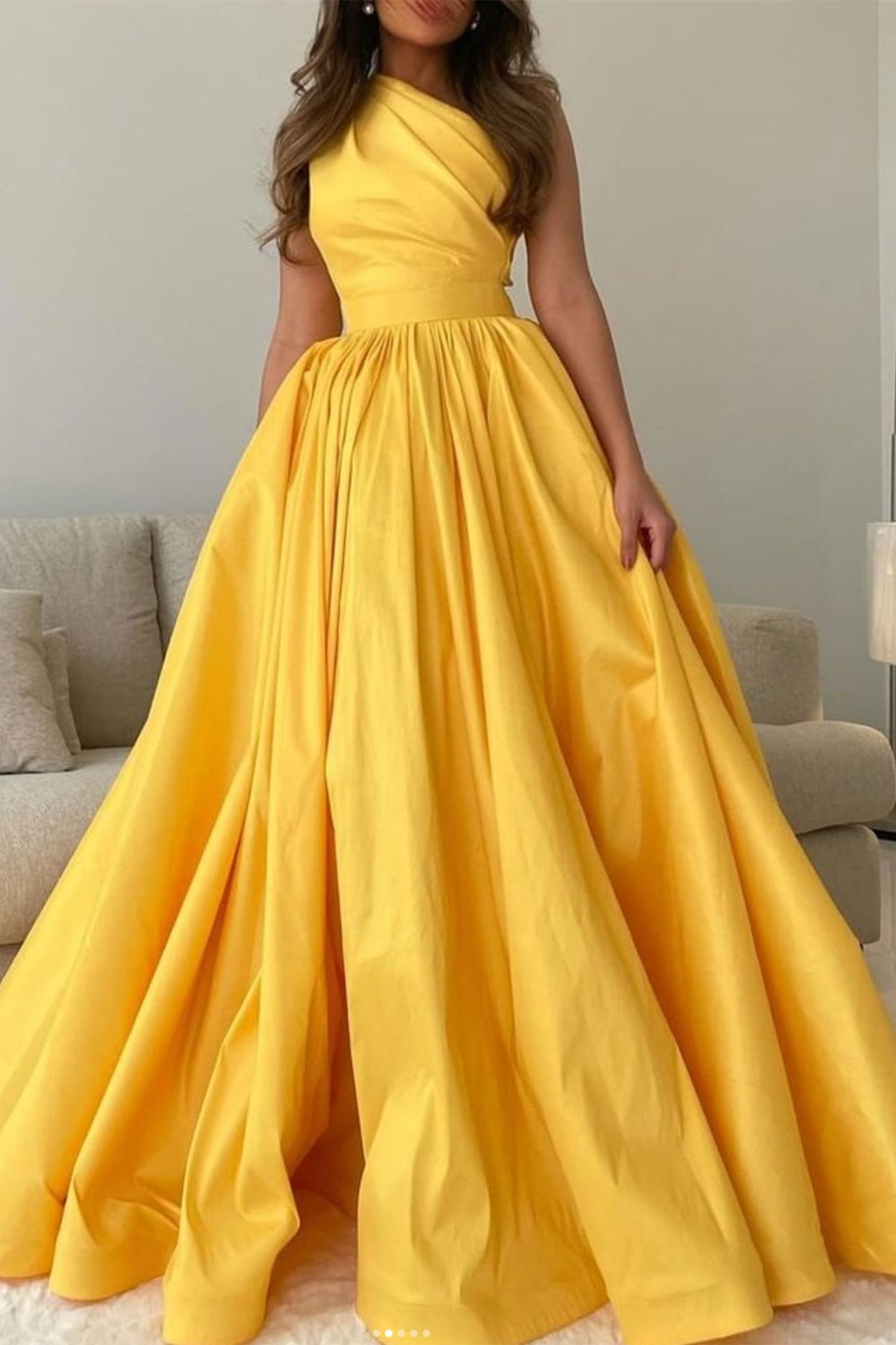 Unthony - One Shoulder Yellow Satin Long Prom Dress