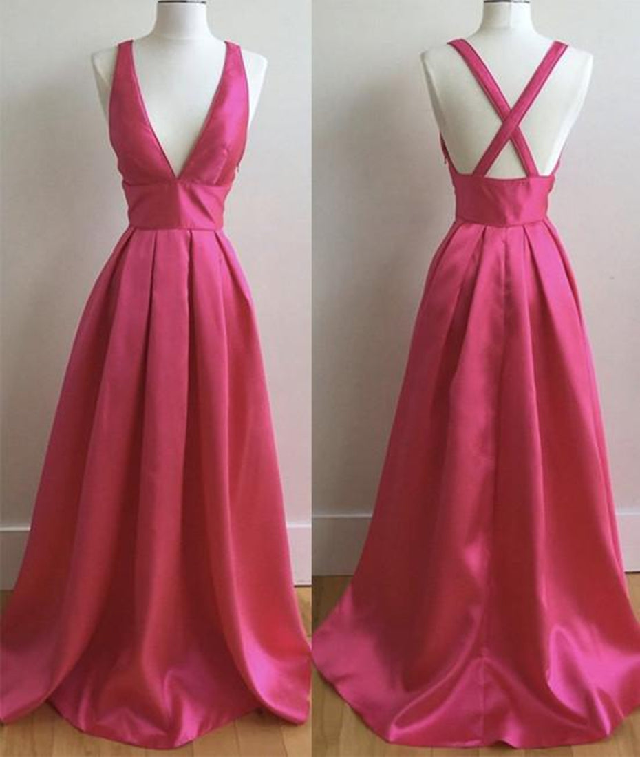 Unthony - Simple V Neck Pleated Satin Long Prom Dresses