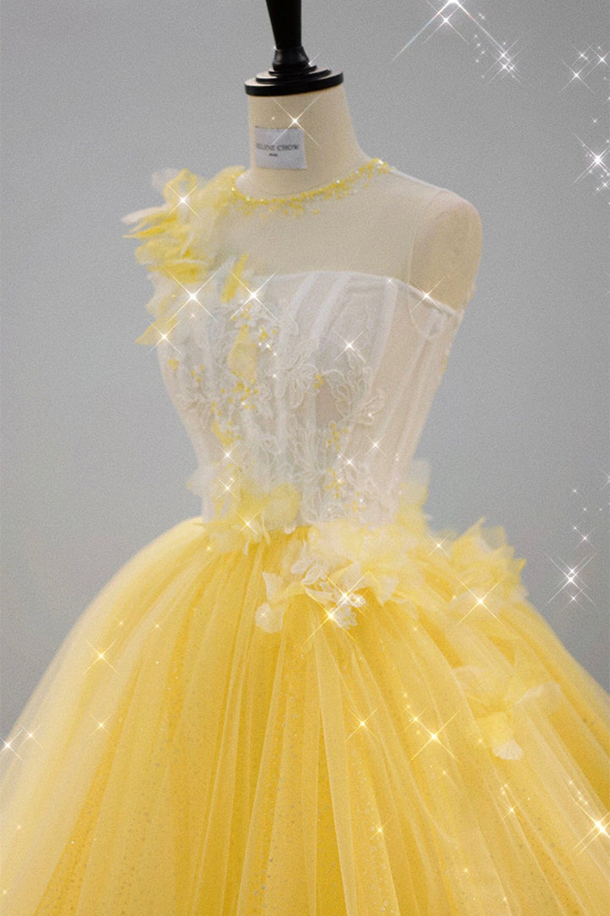 Unthony - Round Neck Yellow Lace Tulle Prom Dress