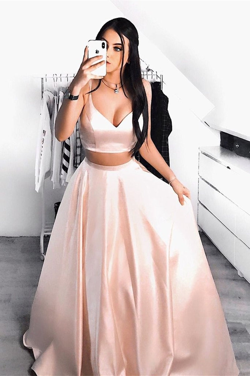 Unthony - Stylish A Line V Neck Two Pieces Pink Prom Dress