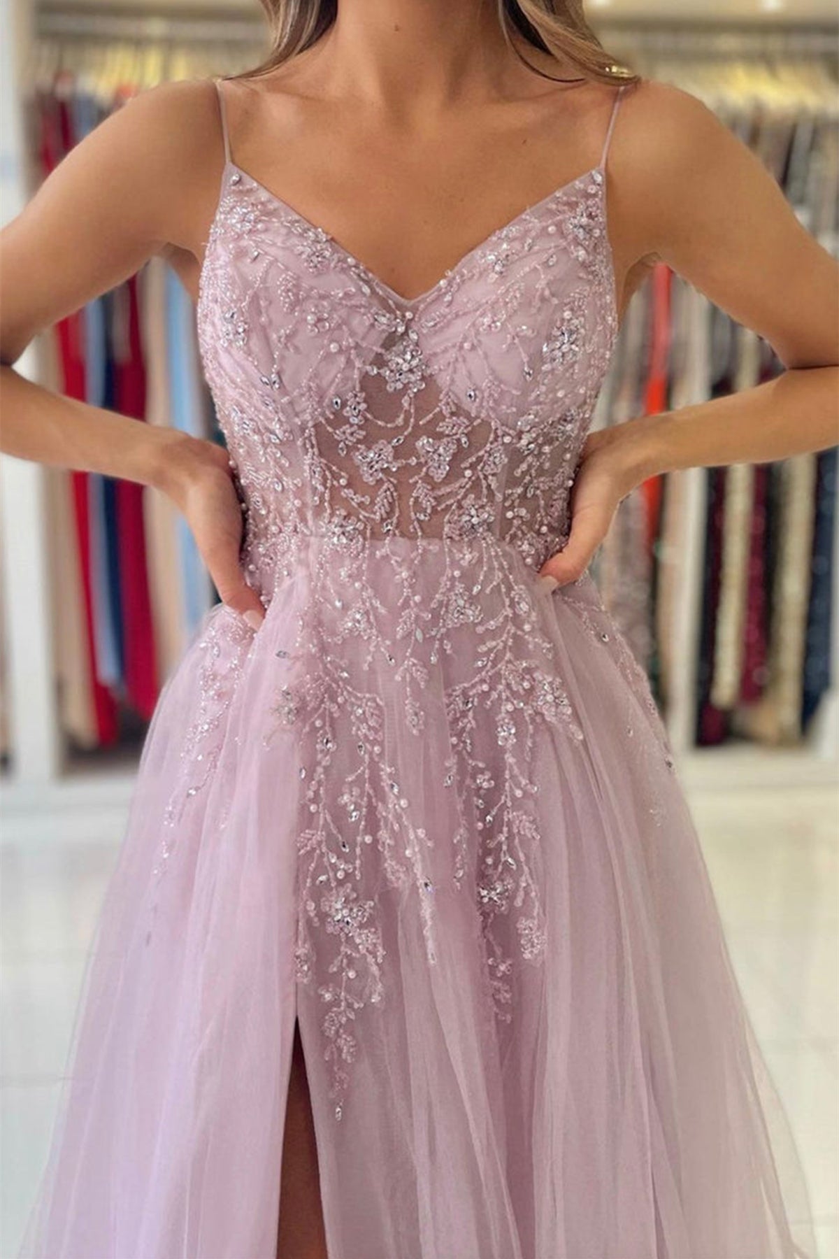 Unthony - Gorgeous V Neck Beaded Pink Tulle Long Prom Dress with High Slit