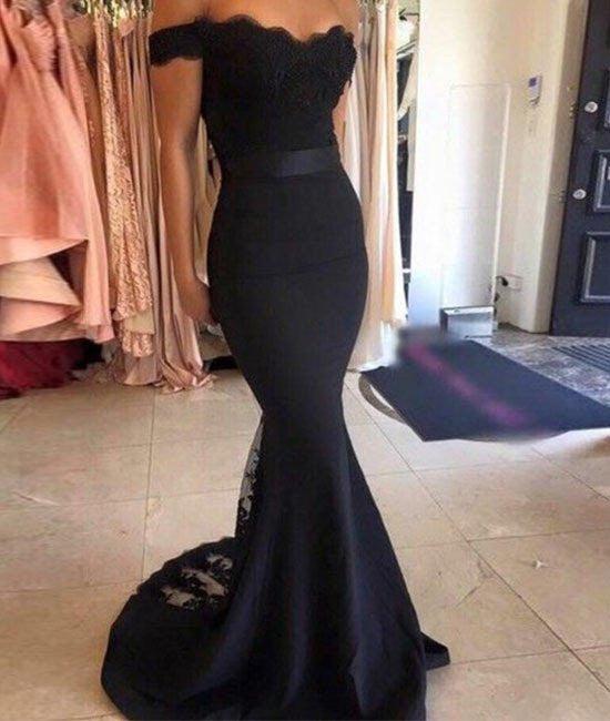 Unthony - Off Shoulder Mermaid Black Lace Prom Dresses