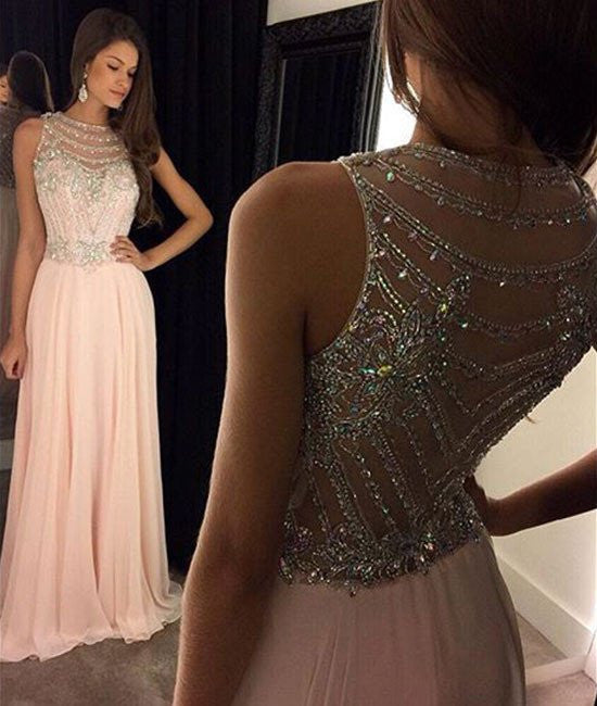 Unthony - Round Neck Sleeveless Sequins Pink Prom Dresses