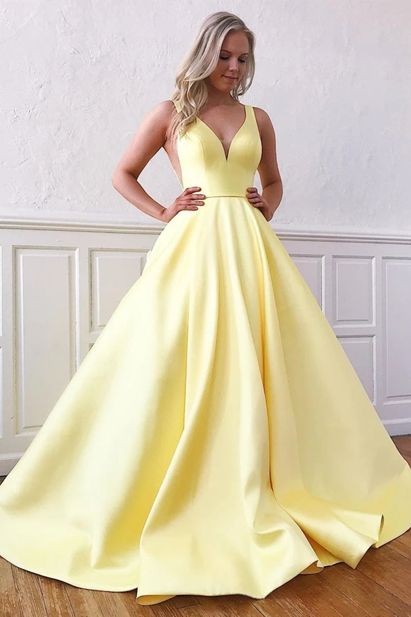 Unthony - A Line V Neck Yellow Satin Long Prom Dress