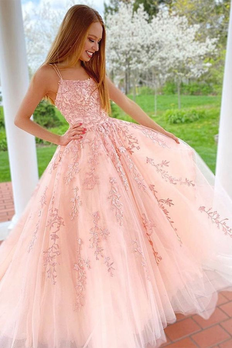 Unthony - Gorgeous A Line Long Pink Lace Prom Dress with Straps