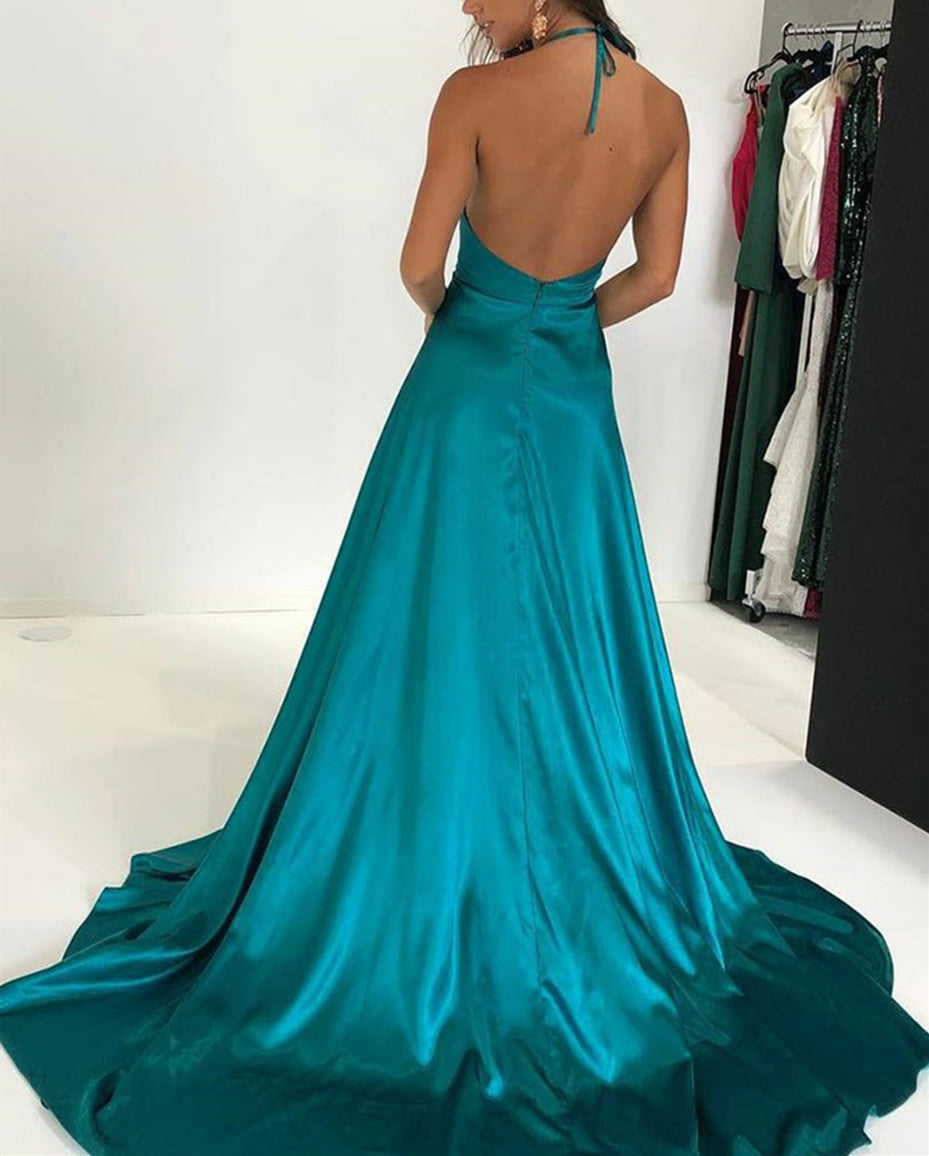 Unthony - A Line Halter V Neck Backless Green Satin Long Prom Dresses with High Slit