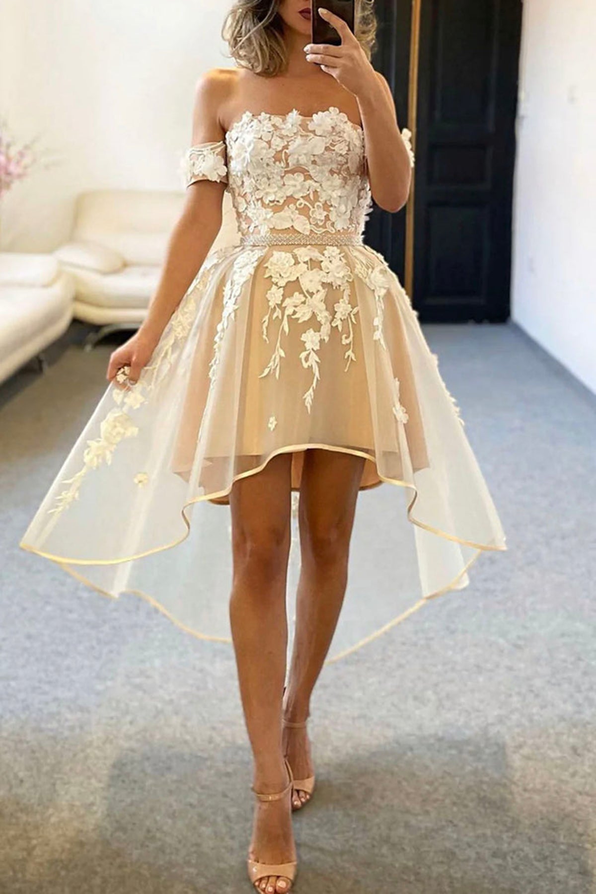 Unthony - High Low Off Shoulder Champagne Lace Prom Dress