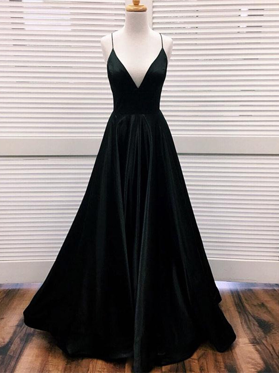 Unthony - Simple A Line V Neck Black Satin Long Prom Dresses