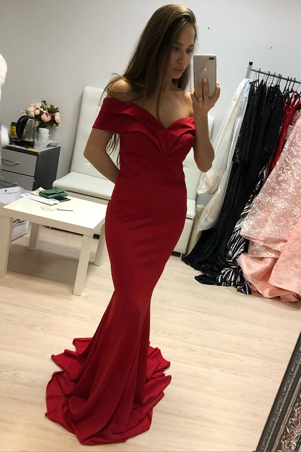 Unthony - Off Shoulder Mermaid Red Long Prom Dress
