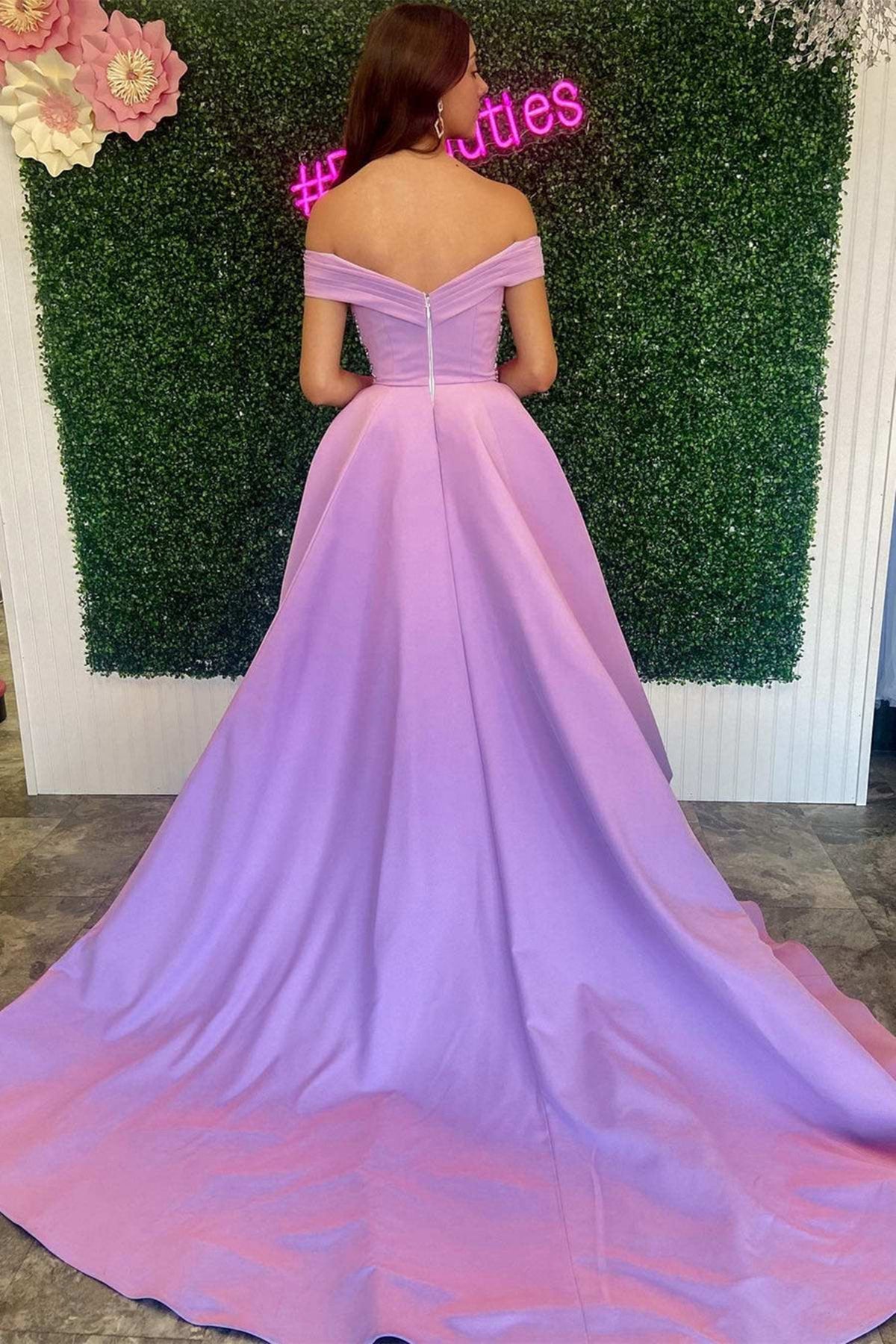 Unthony - Elegant Off Shoulder Beaded Purple Long Prom Dress