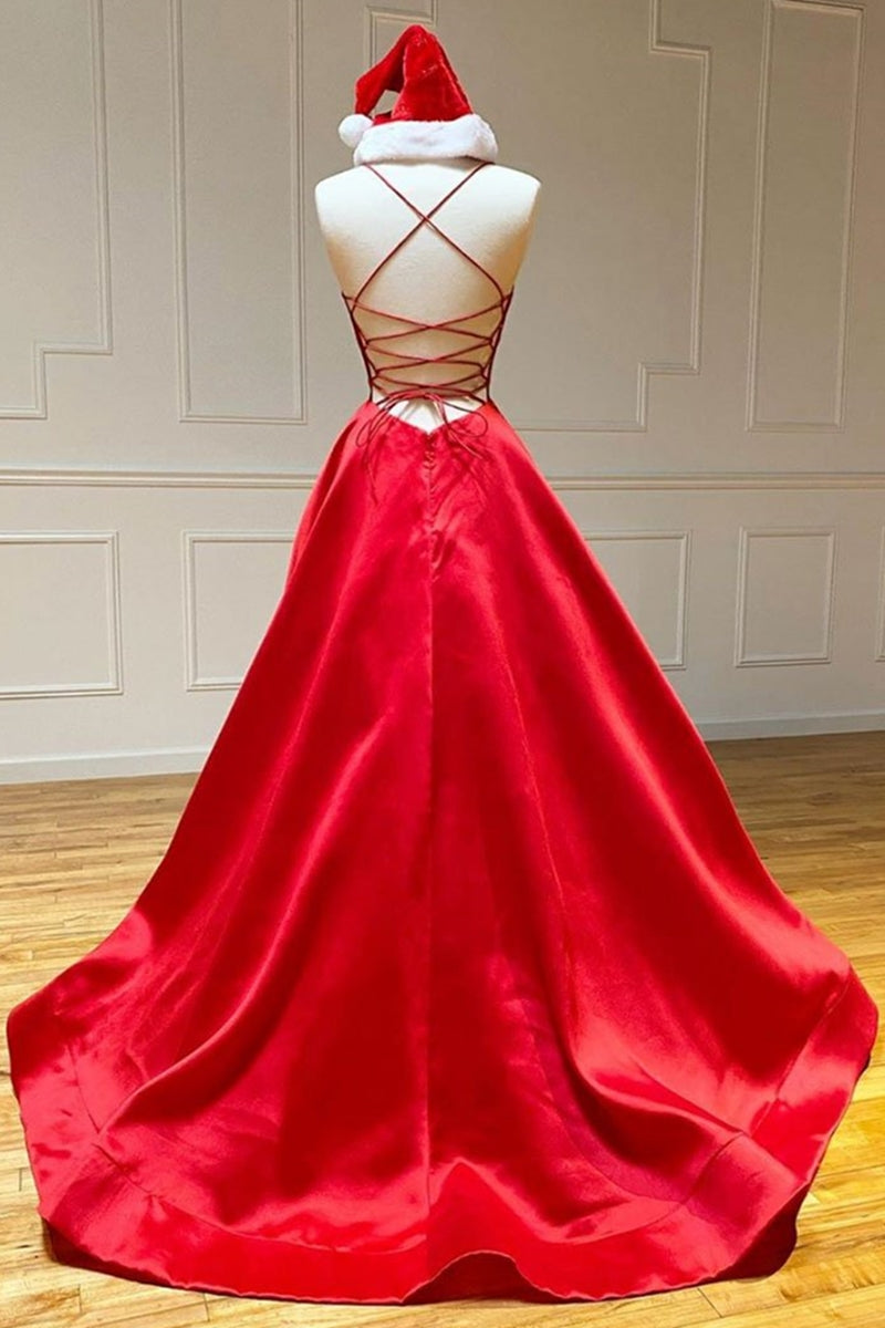 Unthony - Simple A Line V Neck Backless Red Long Prom Dress