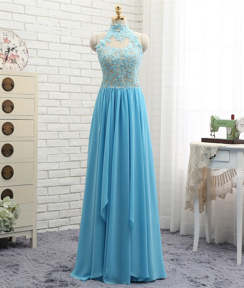 Unthony - A Line High Neck Open Back Lace Chiffon Ruffles Blue Long Prom Dresses