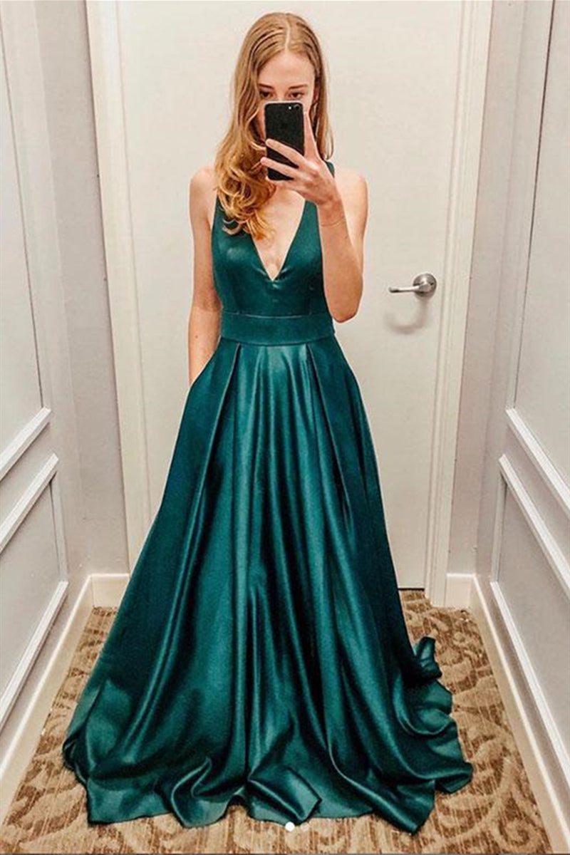 Unthony - A Line V Neck Green Satin Long Prom Dress
