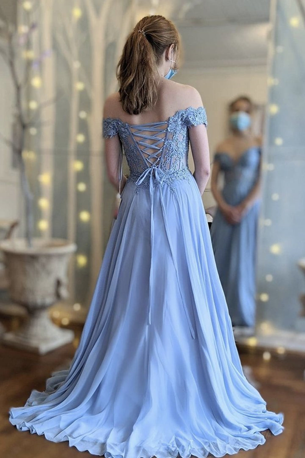 Unthony - Off the Shoulder Blue Lace Long Prom Dress
