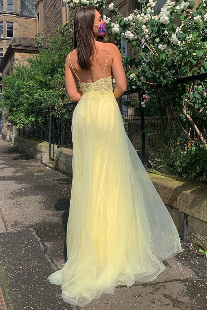 Unthony - A Line V Neck Backless Yellow Lace Prom Dress with Leg Slit