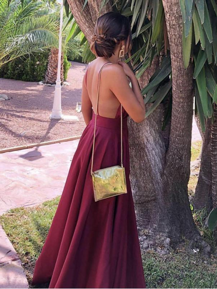 Unthony - Simple Burgundy V Neck Backless Satin Long Prom Dresses