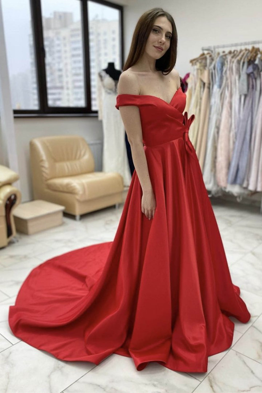 Unthony - Off Shoulder Red Satin Long Prom Dress