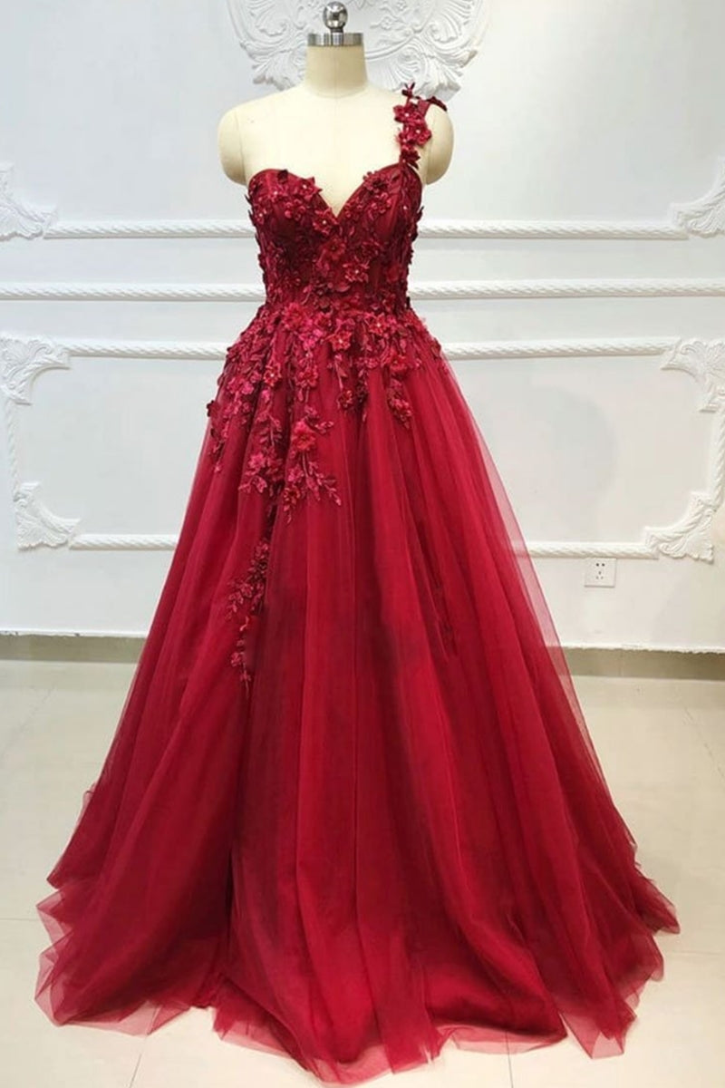 Unthony - One Shoulder 3D Floral Burgundy Lace Long Prom Dress