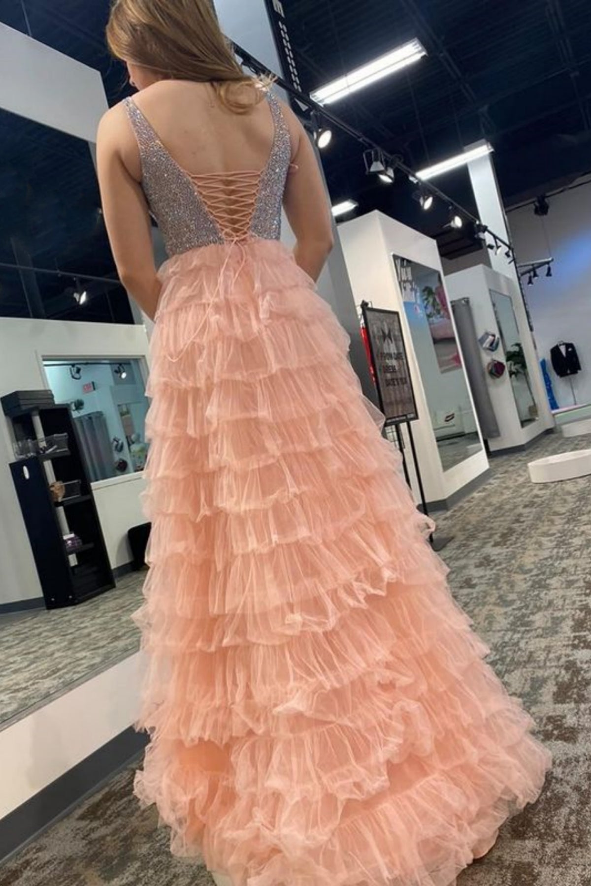 Unthony - Princess V Neck Pink Long Prom Dress with High Slit