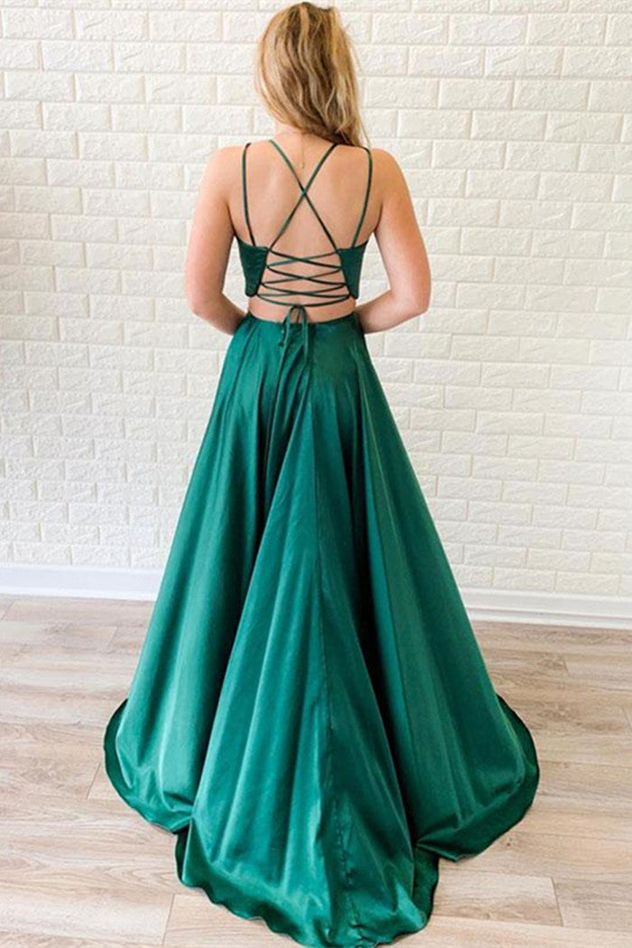 Unthony - A Line V Neck Two Pieces Backless Green Satin Long Prom Dresses with Leg Slit