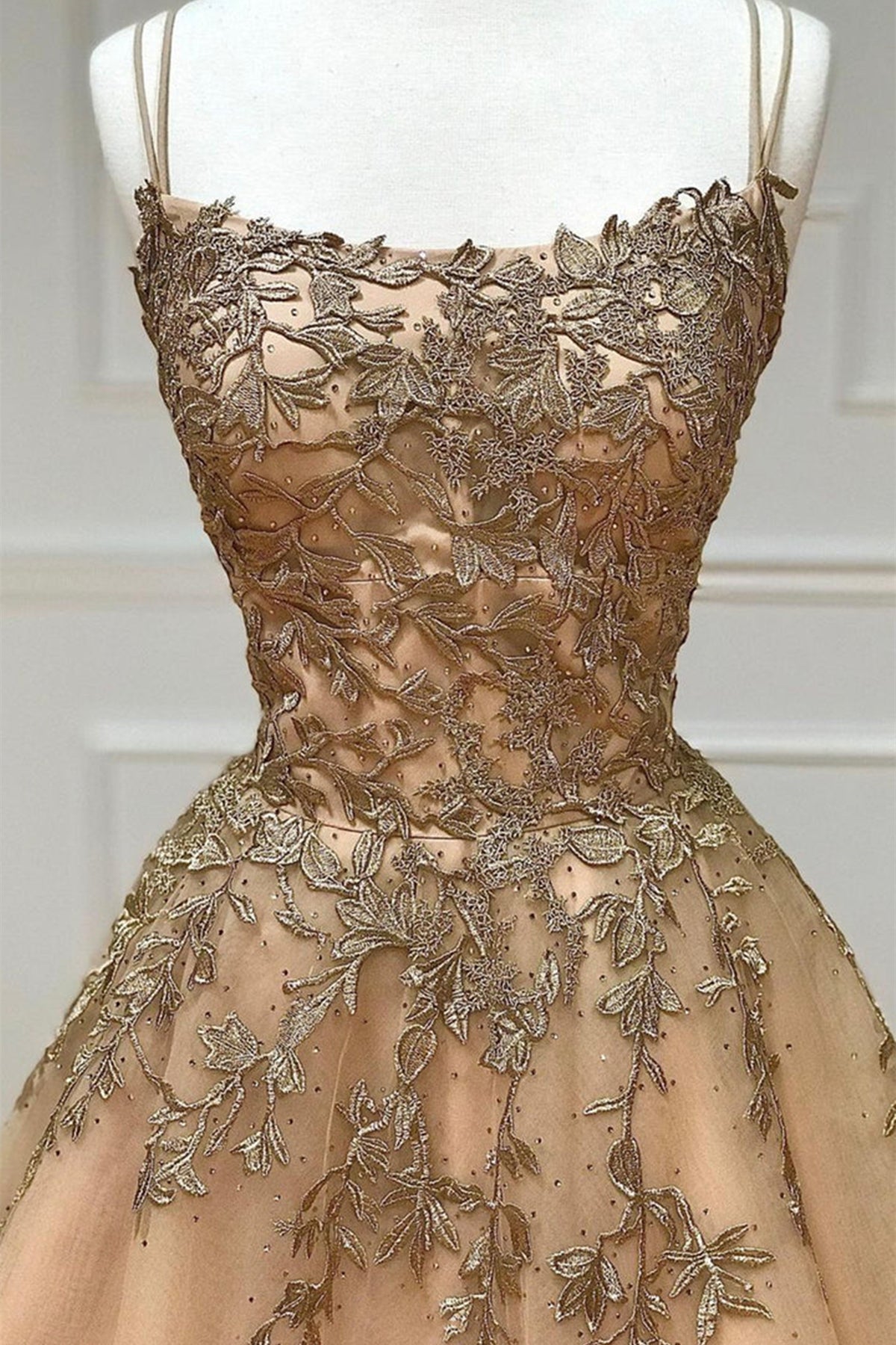 Unthony - Spaghetti Straps Champagne Lace Tulle Long Prom Dress