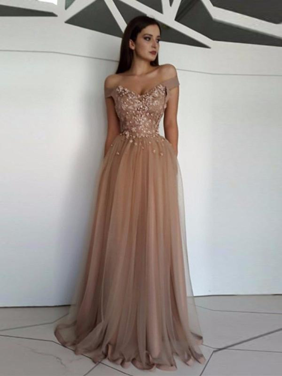 Unthony - A Line Off Shoulder Tulle Lace Champagne Long Prom Dresses