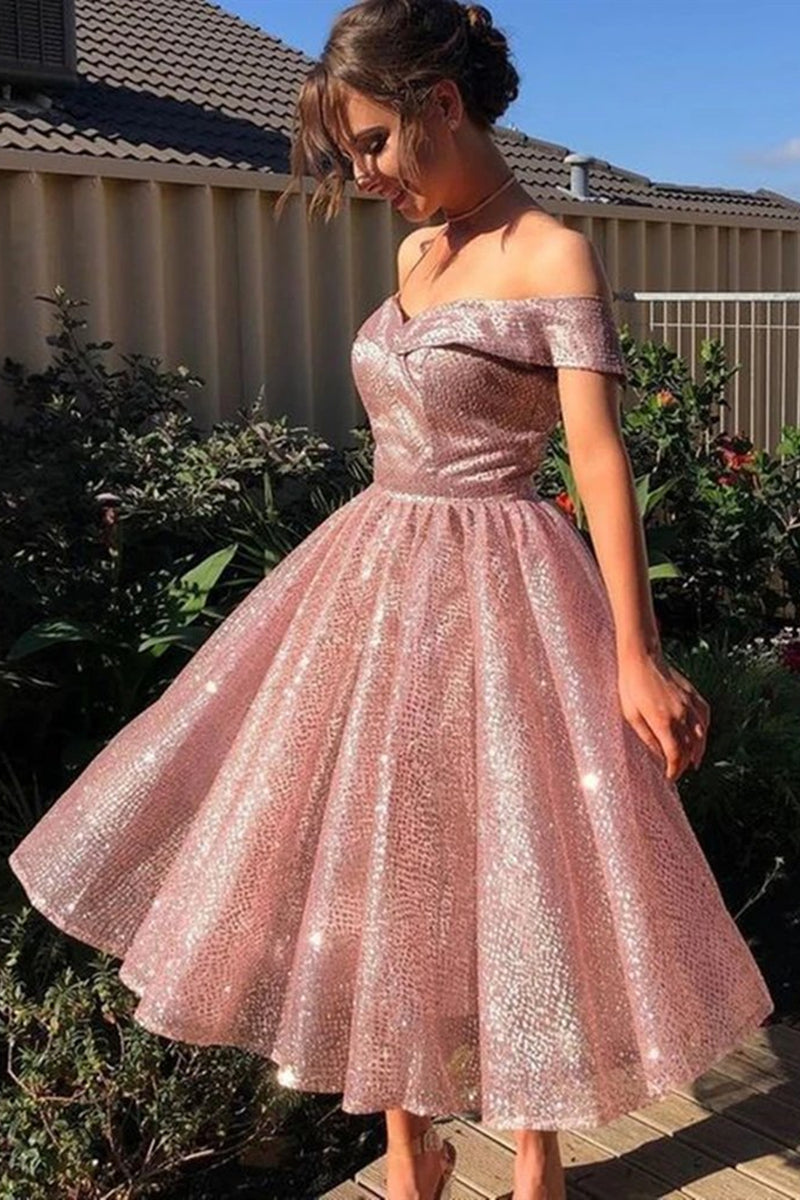Unthony - Shiny Off Shoulder Pink Short Prom Dress