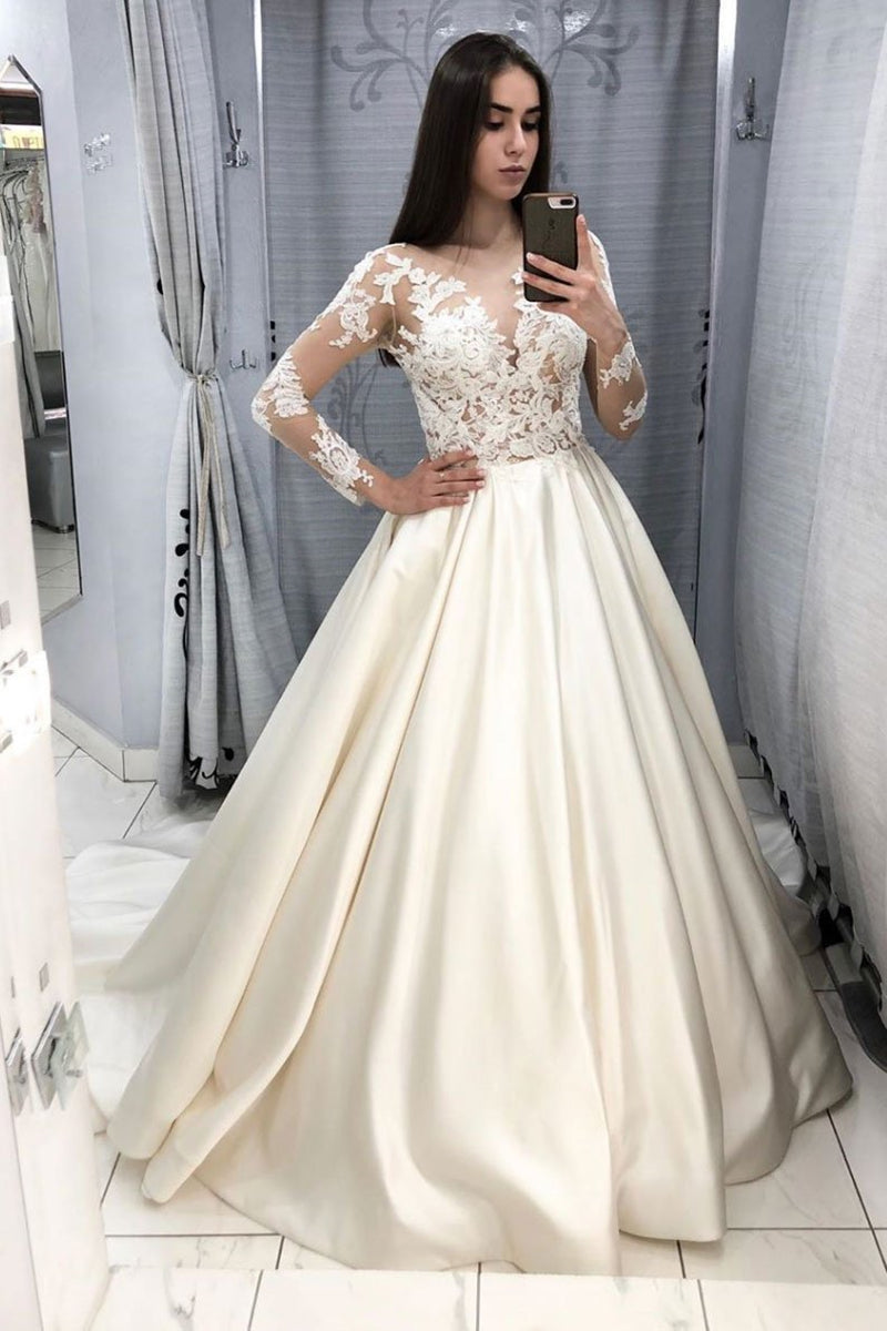 Unthony - V Neck Long Sleeves Lace Ivory Long Prom Dresses Wedding Dresses