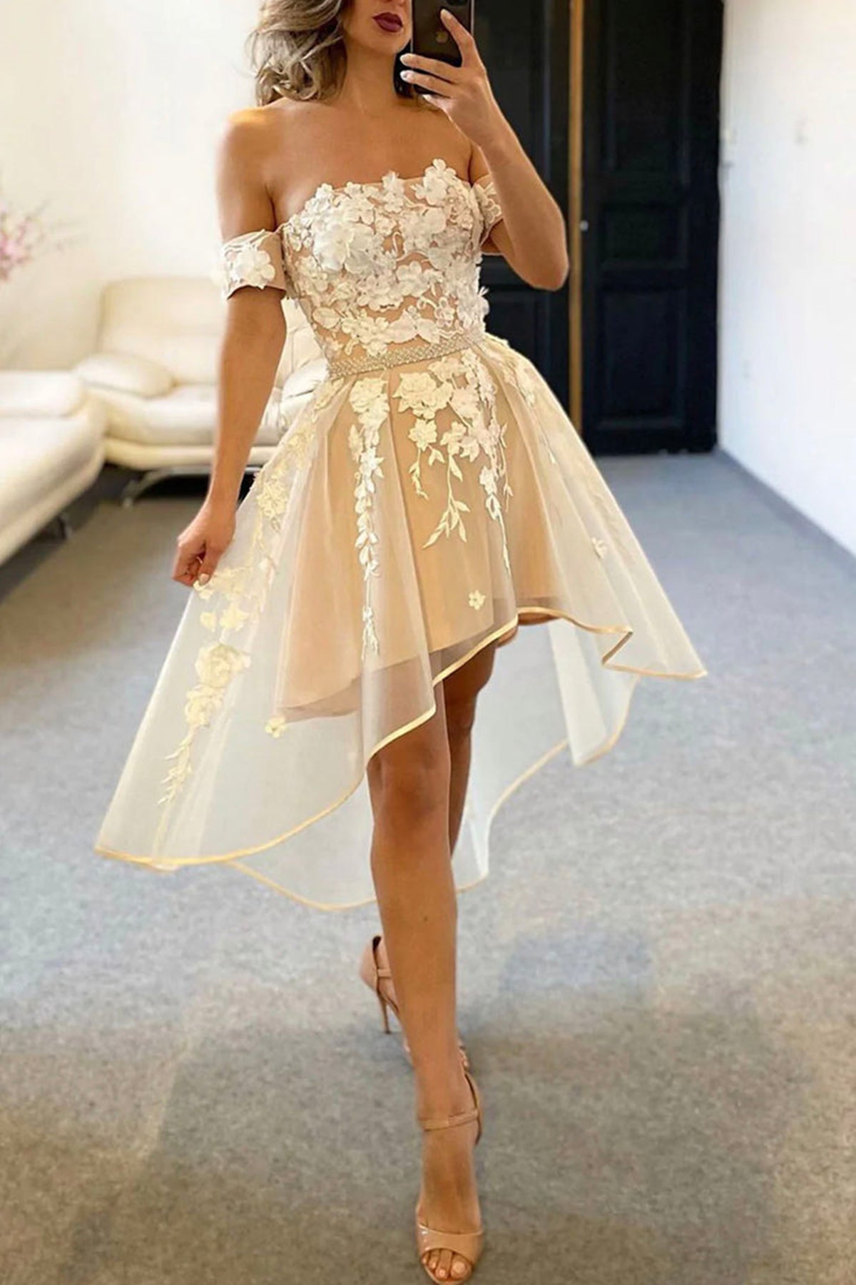 Unthony - High Low Off Shoulder Champagne Lace Prom Dress