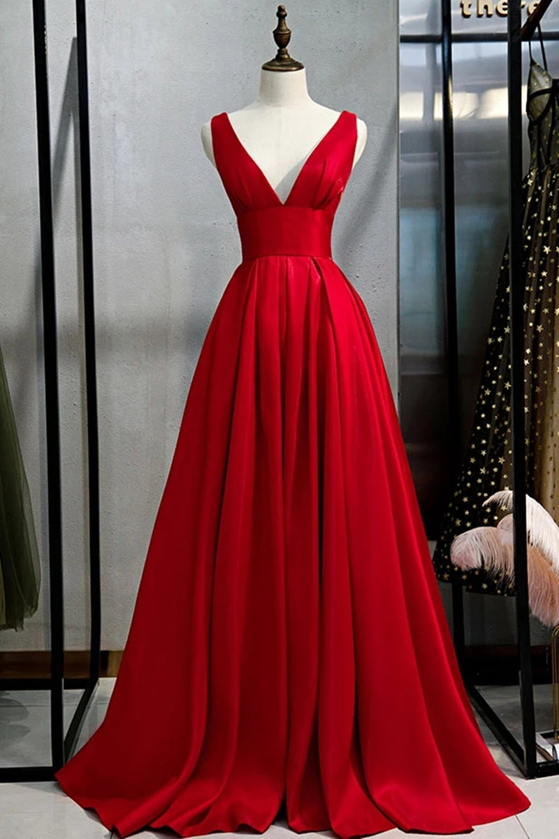 Unthony - Simple A Line V Neck and V Back Red Satin Long Prom Dress