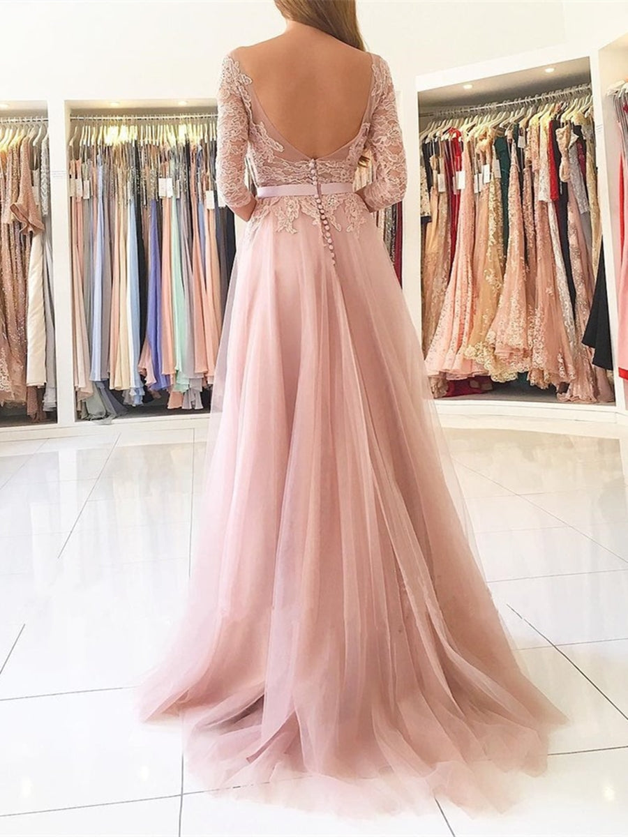 Unthony - A Line 3/4 Sleeves Backless Lace Pink Long Prom Dresses with High Slit