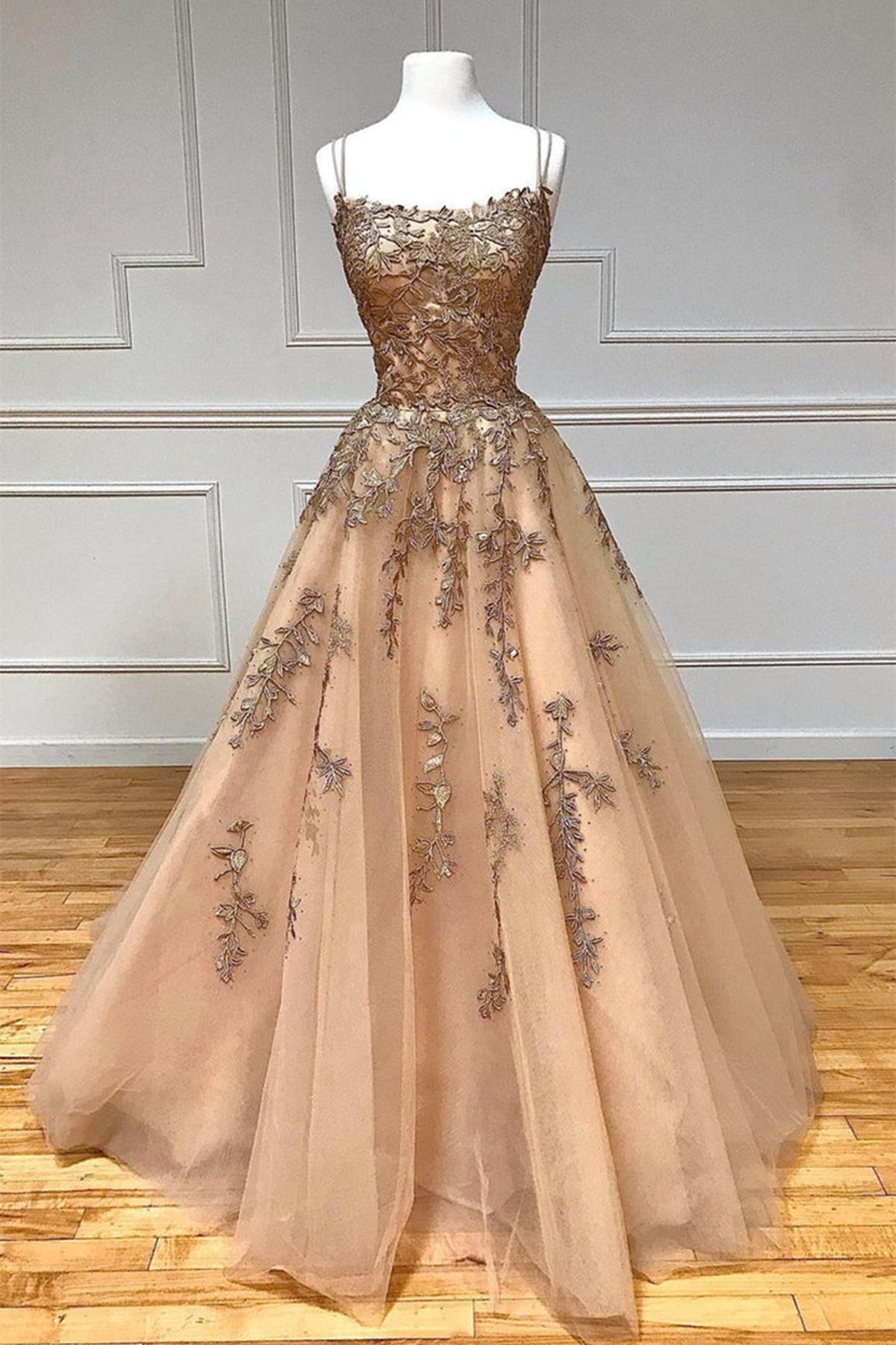 Unthony - Spaghetti Straps Champagne Lace Tulle Long Prom Dress