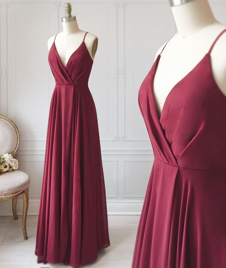 Unthony - A Line V Neck Pleated Burgundy Long Prom Dress