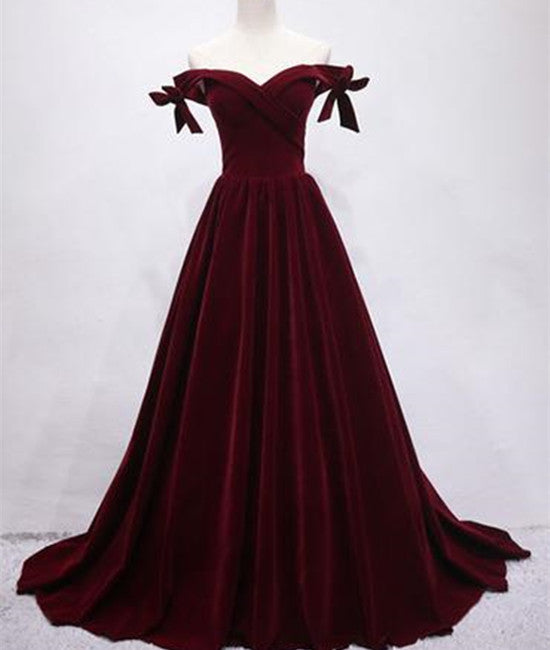 Unthony - Maroon Off Shoulder Velvet Long Prom Dress